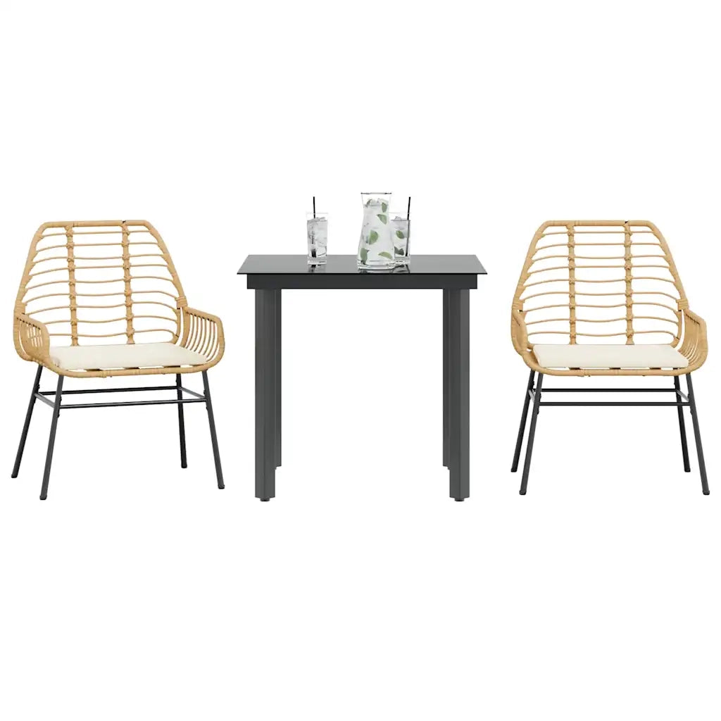 Set da Pranzo da Giardino 3pz con Cuscini Polyrattan Vetro 3334555