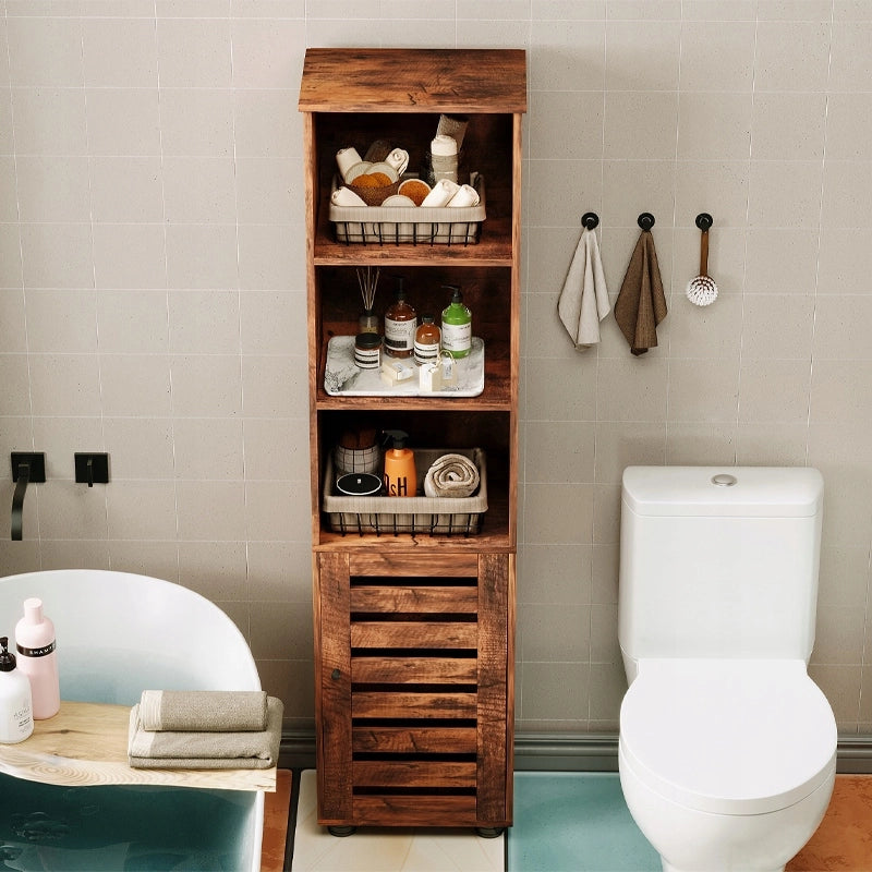 Mobiletto da bagno stretto, marrone scuro, stile rustico, altezza
