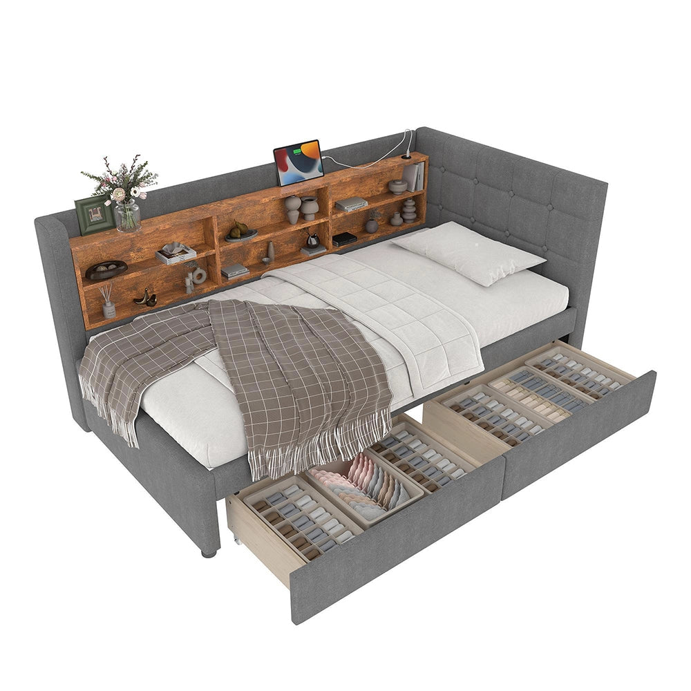 Divano letto 90x200cm?- Xylo - 2 cassetti USB-C lino grigio