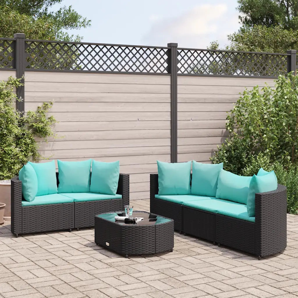 Set Divano da Giardino 6 pz con Cuscini Nero in Polyrattan