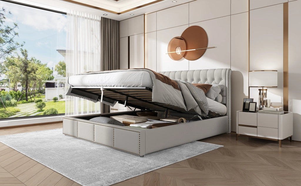 DESMIU Letto Contenitore 180 × 200 cm 2 posti con vano contenitore, senza materasso, in lino, grigio