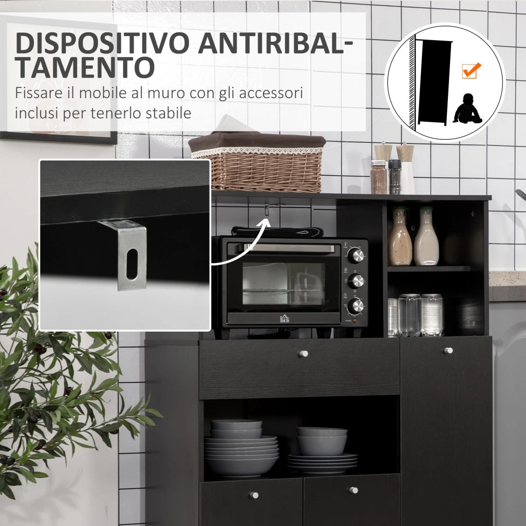 Credenza da Cucina 90x40x120 cm per Microonde con Armadietti Mensole e Cassetto in Legno Nero