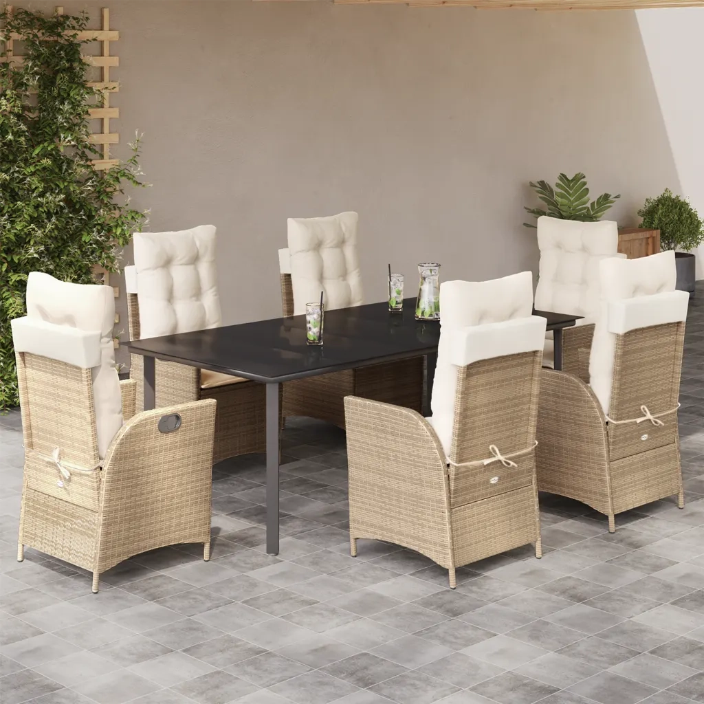 Set da Pranzo da Giardino 7 pz con Cuscini Beige in Polyrattan 3213251