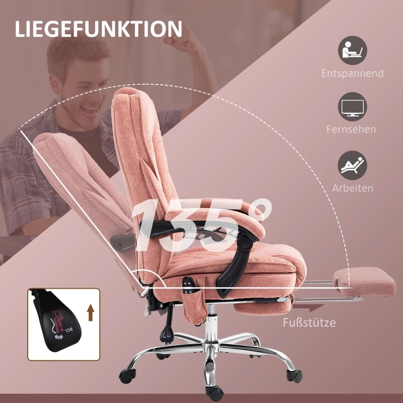 Poltrona da ufficio ergonomica con massaggio; riscaldamento; reclinazione e poggiapiedi in poliestere - rosa