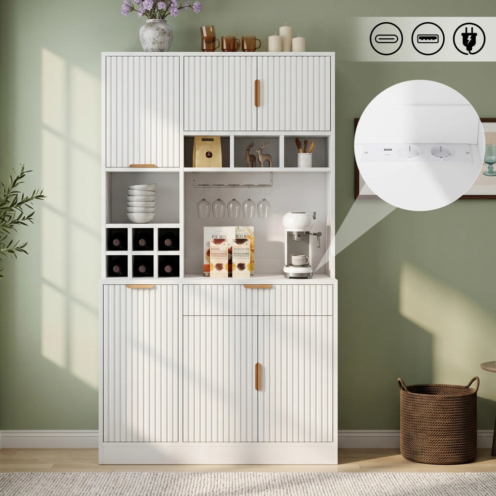Mobile buffet alto 100x40x175 cm bianco, multi-livello, prese integrate, USB-A/USB-C e portabicchieri