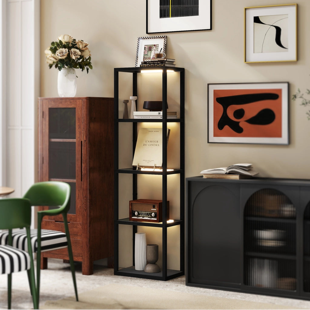 Lampada a LED con scaffale 4 livelli ¨C Minimal ¨C MDF nero 60x24x180