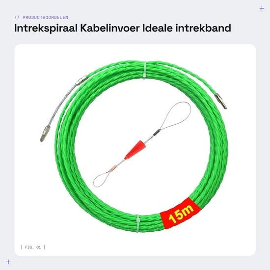 Intrekhulp per cavi e tubi vuoti - Cavo di ingresso a spirale 15 m - Ingresso a spirale in poliestere - Cinghia di ingresso φ4,5 mm - Guida di guida - Ideale per l'ingresso dei cavi - Per cavi e tubi vuoti - Cinghia di ingresso per cavi