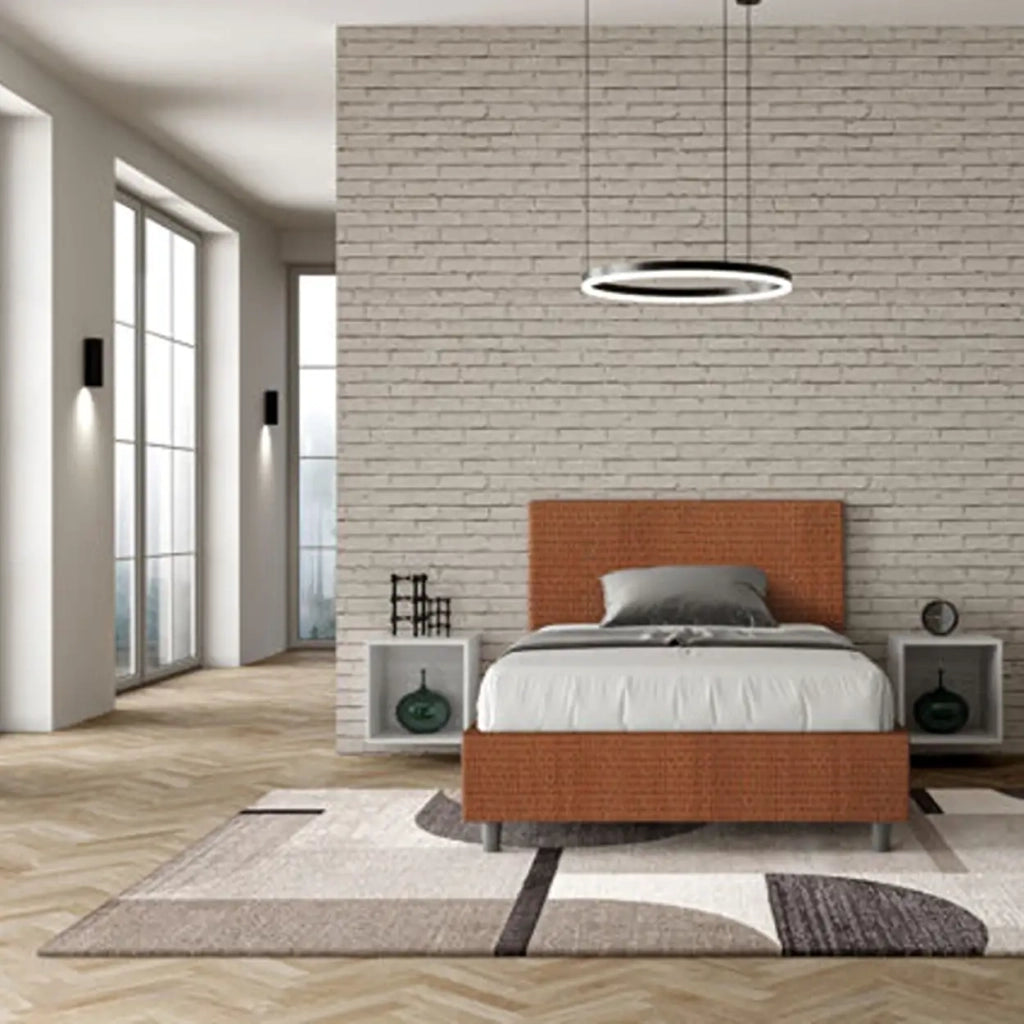 Letto una piazza e mezza con rete imbottito 120x200 tessuto Labirinto 4 arancio Adele