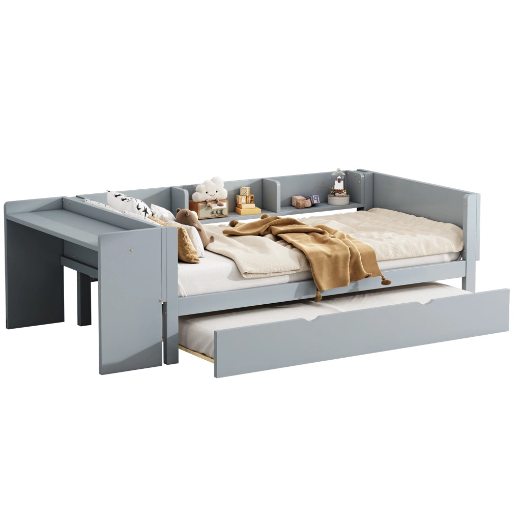 Letto singolo 90x200 cm in pino e MDF con letto estraibile, scrivania e 3 ripiani laterali, grigio
