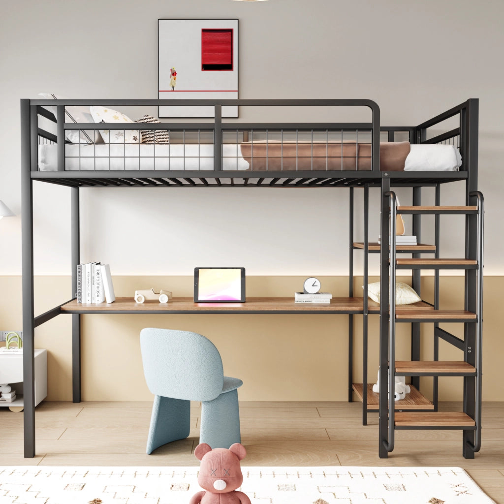 Letto a Soppalco Singolo con Scrivania e Ripiani ¨C MINIMAL ¨C Metallo Nero 90x200