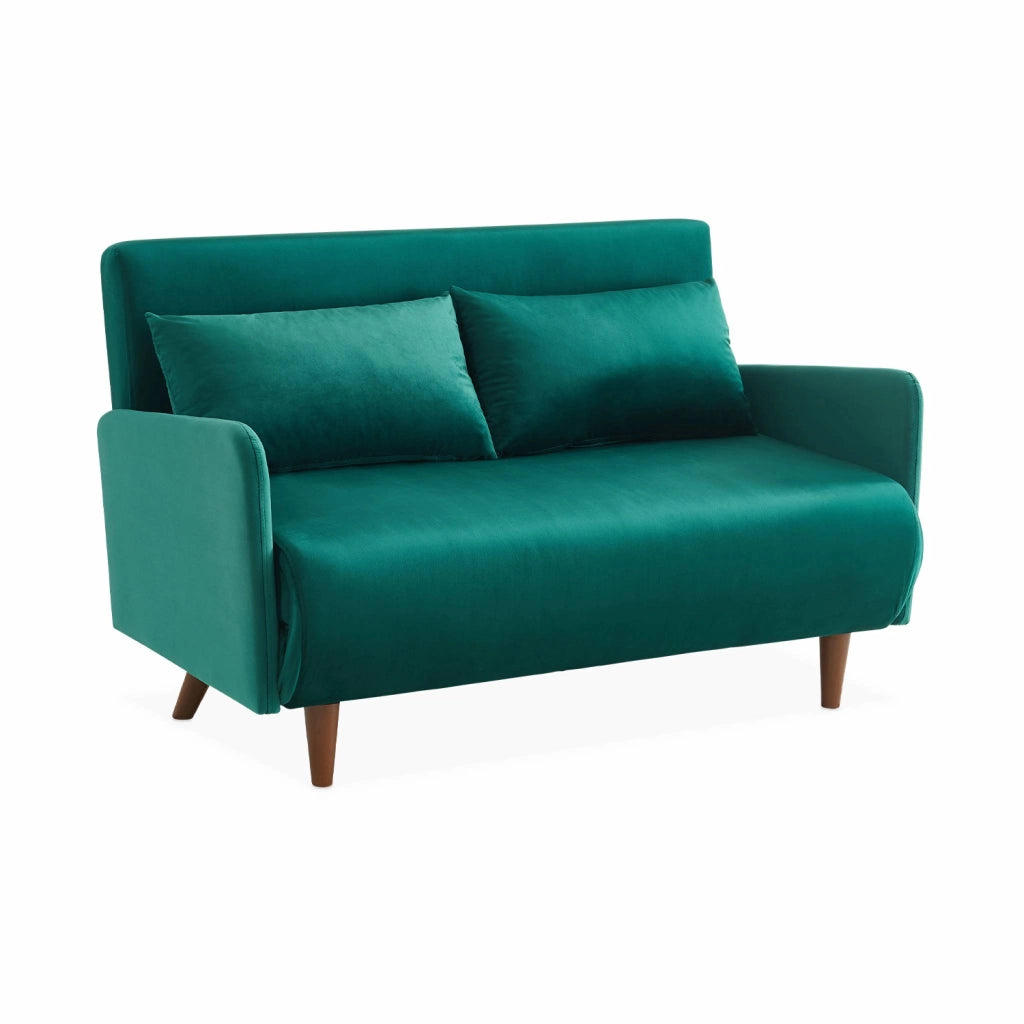 Divano letto in velluto con gambe in legno, 2 posti, verde