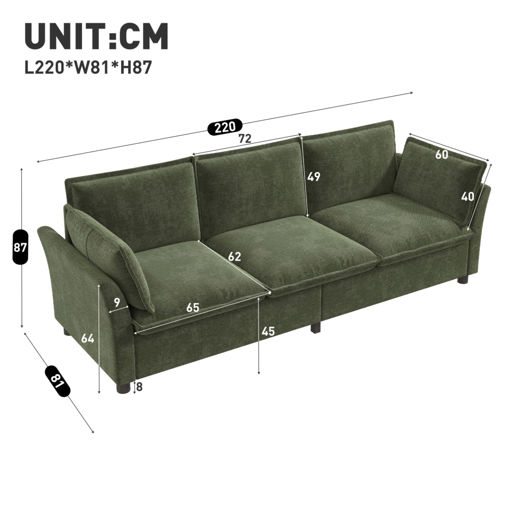 Divano modulare 3 posti in chenille 220 cm; verde