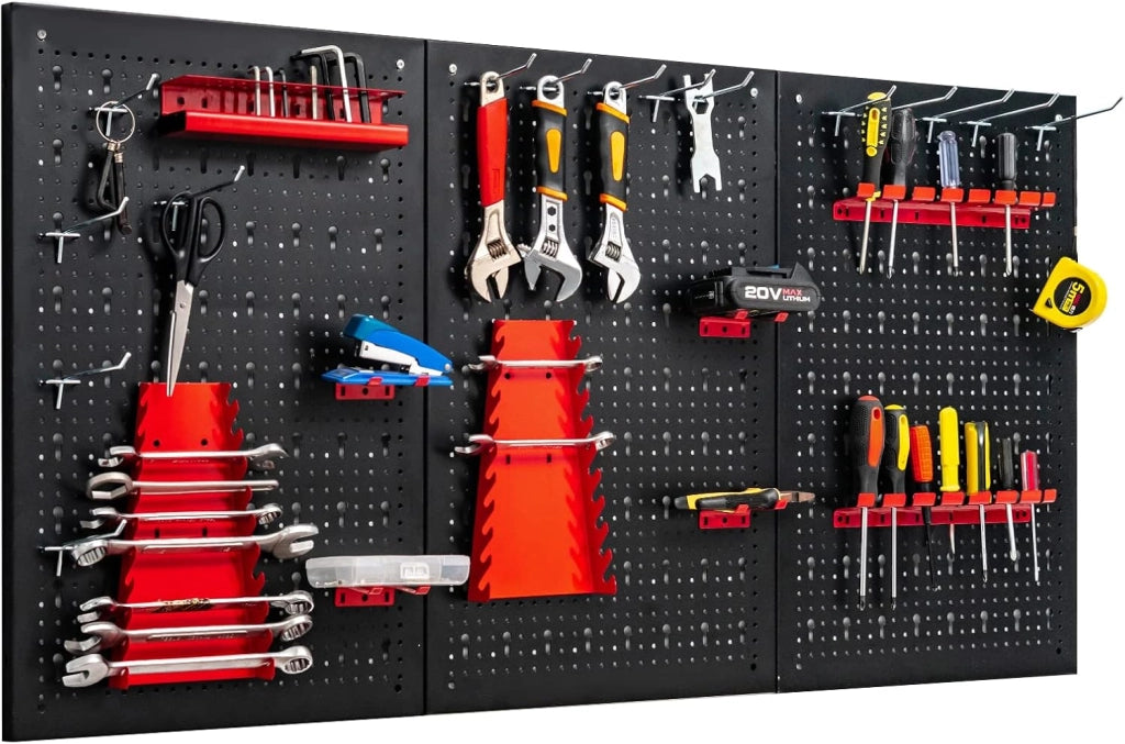 Pannello Forato Portautensili Parete per Attrezzi, Kit per Conservazione degli Attrezzi con 3 Pannelli Forati 25 Accessori, Ideale per Officina e Garage,120 x 60 x 2,5 cm