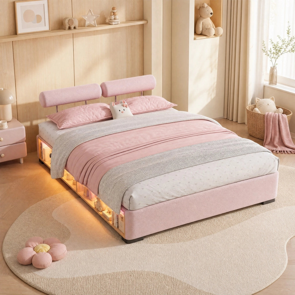 LETTO imbottito con LED e scaffale laterale aperto 140x200 cm velluto rosa