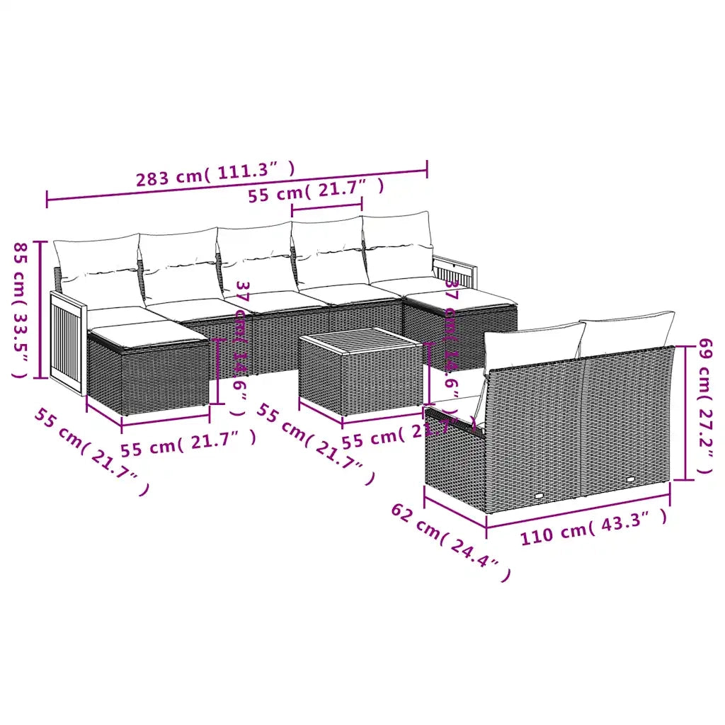 Set Divani da Giardino 10 pz con Cuscini Nero in Polyrattan 3228059