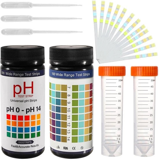 Set di test di pH 100 strisce - rango di misura 0-14 - 2 tubi di reazione da 50 ml