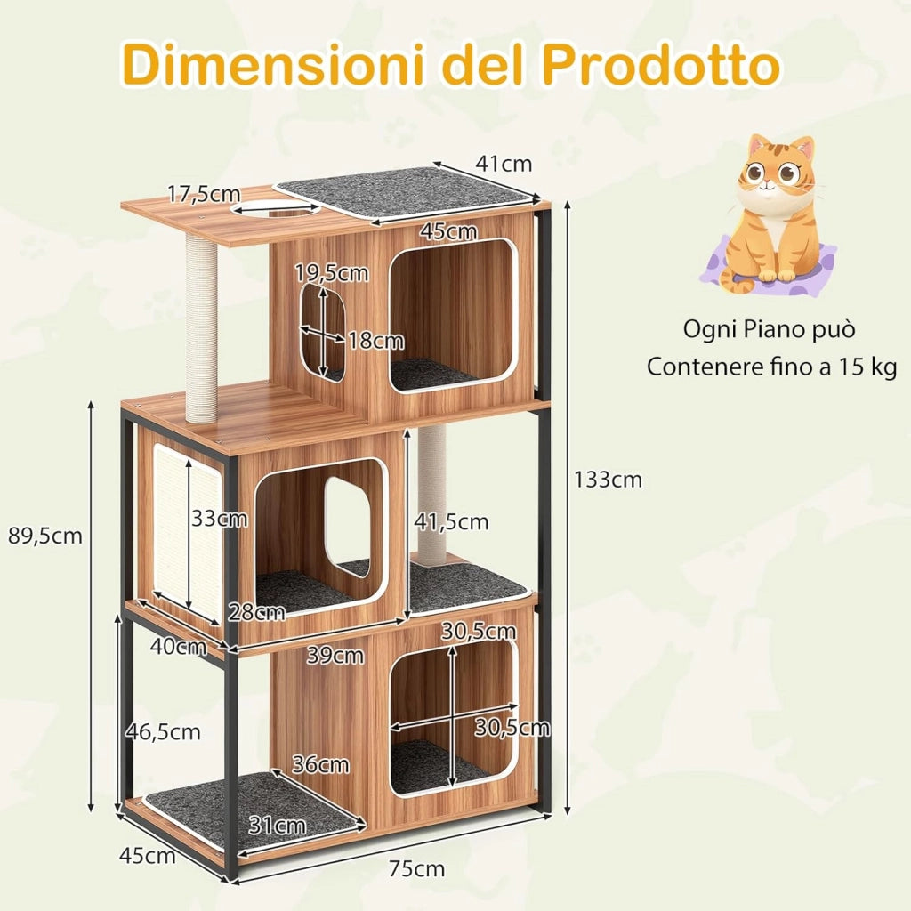 Tiragraffi per Gatti con Struttura in Metallo 75 x 45 x 133cm, Torre Moderno da Interno con Piattaforma Superiore Imbottita, Cuscini Rimovibili e Tiragraffi, Mobile per Animali Domestici