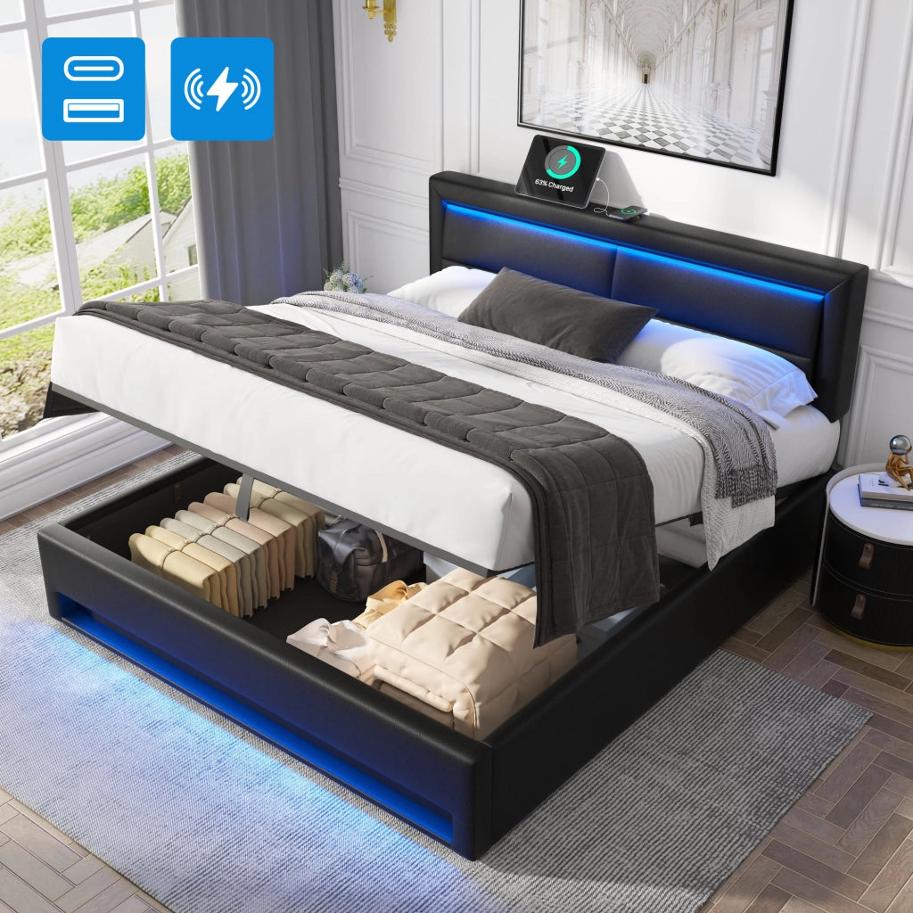 LETTO Imbottito 160x200 cm PU Nero con USB, LED e vano contenitore