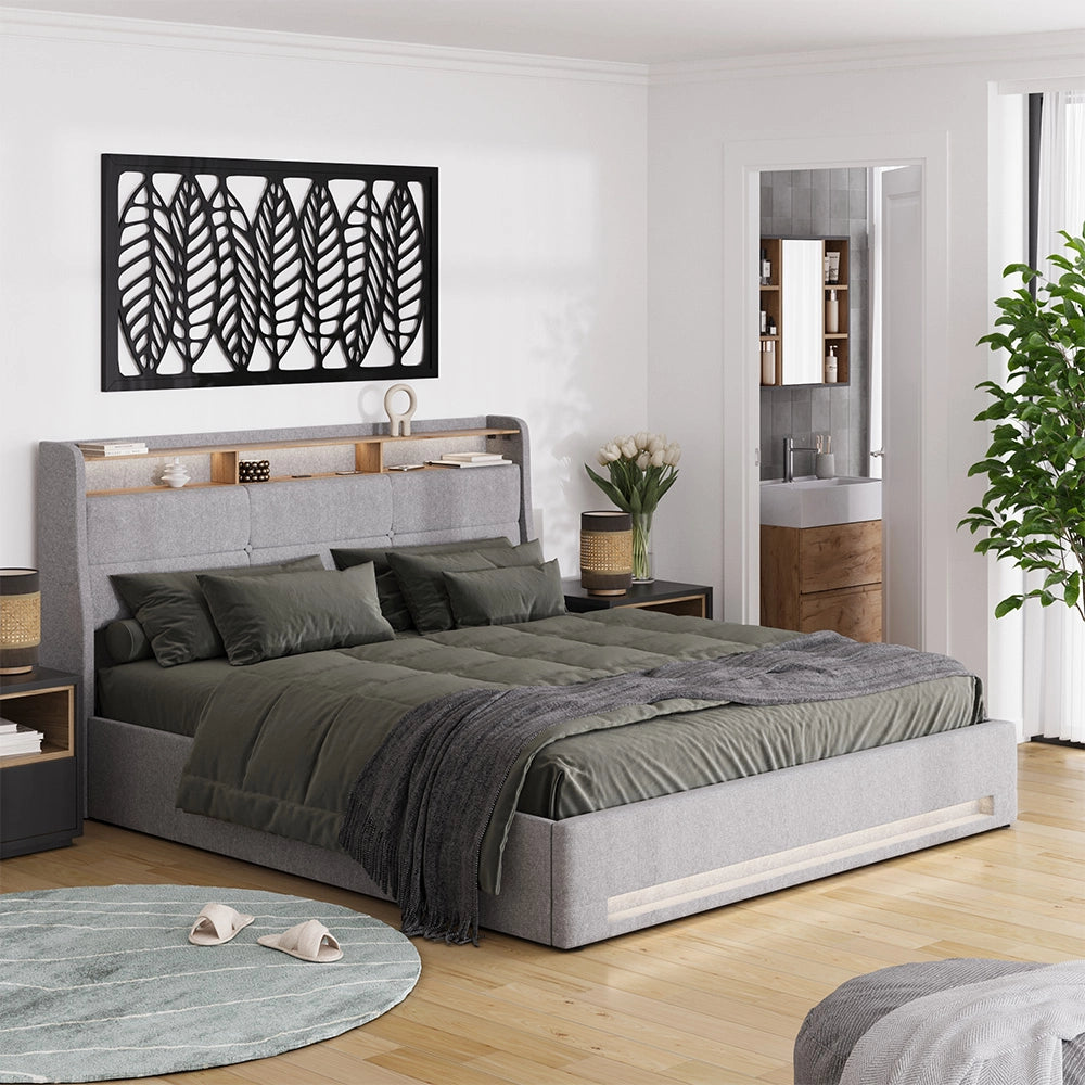 Vitalispa Letto imbottito Grigio/quercia 180x200 con LED e porta USB