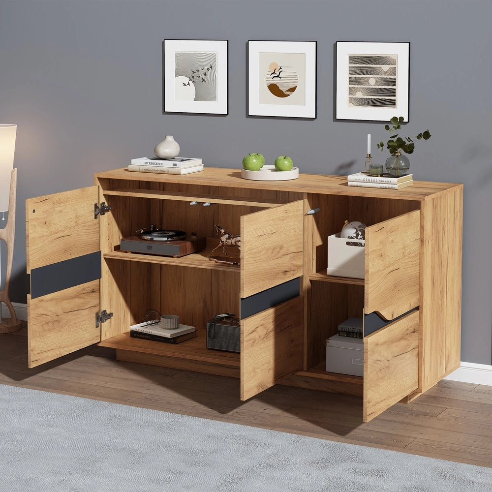 Credenza con 3 Ante e Ripiani ¨C MINIMAL ¨C Legno e Nero, 140x40x70 cm