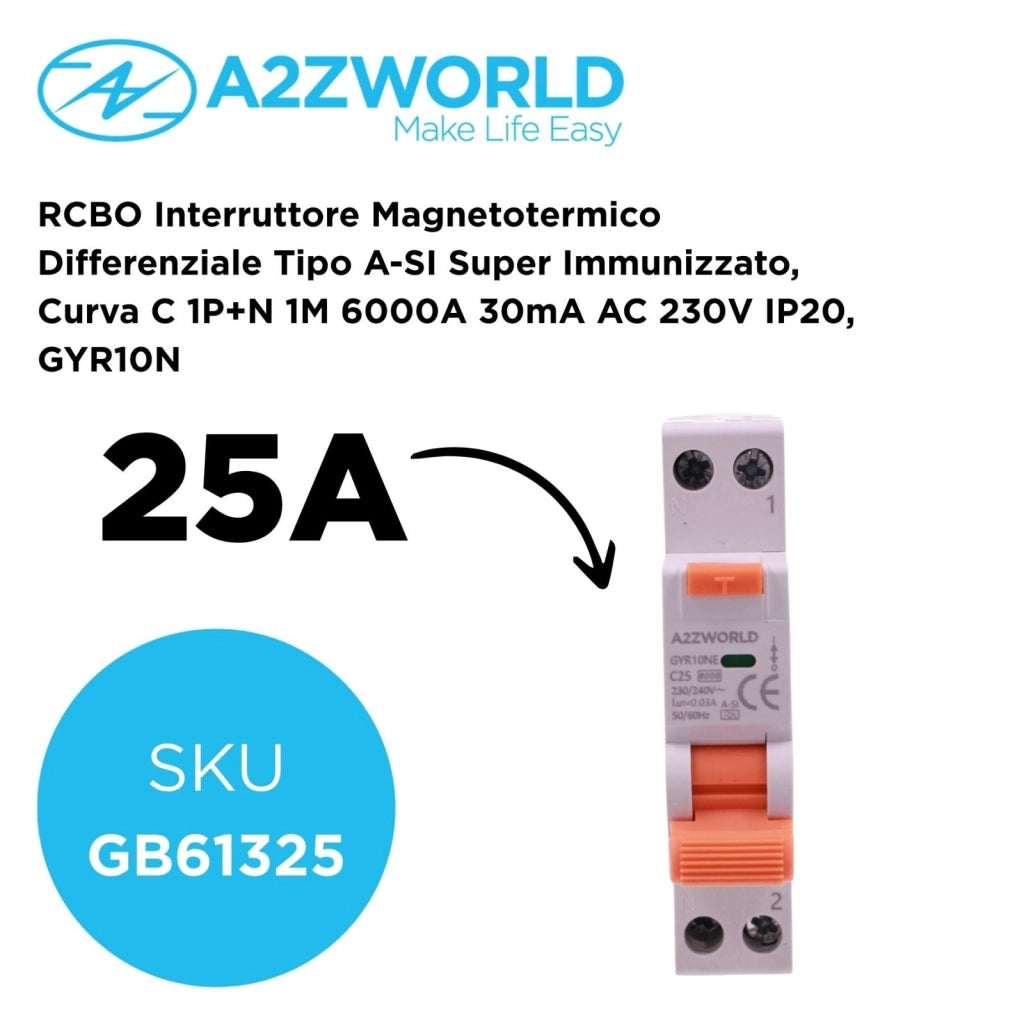 RCBO Interruttore Magnetotermico Differenziale Tipo A-SI Super Immunizzato, Curva C 1P+N 1M 6000A 30mA AC 230V IP20, GYR10N, Disponibili 6A 10A 16A 20A 25A 32A 40A (C25A)