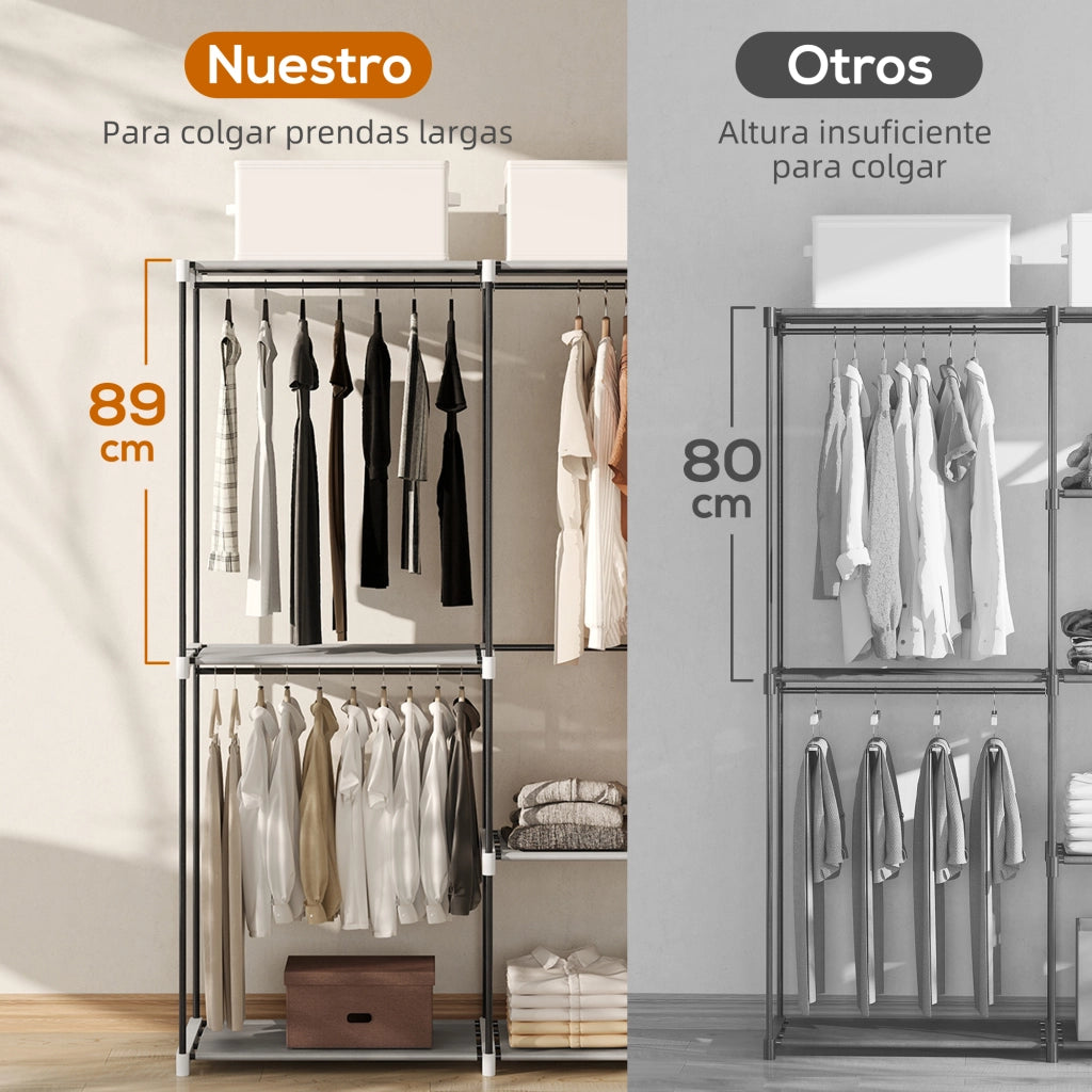 Armadio guardaroba aperto ¨C Xylo ¨C 4 ripiani in tessuto, 3 barre appendiabiti, struttura in metallo, grigio chiaro, 142x43x185 cm