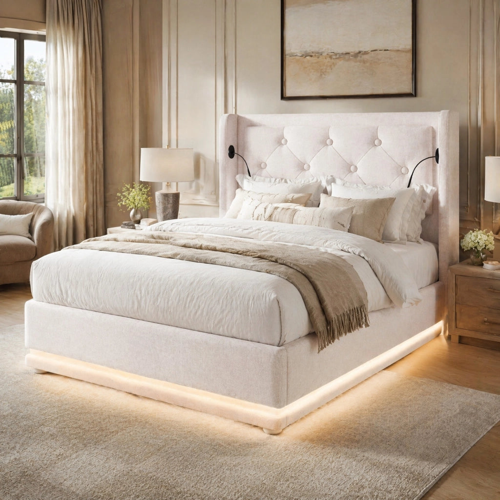 LETTO Contenitore 90x200 cm Beige in cotone, con USB Tipo-C e LED a 3 lati