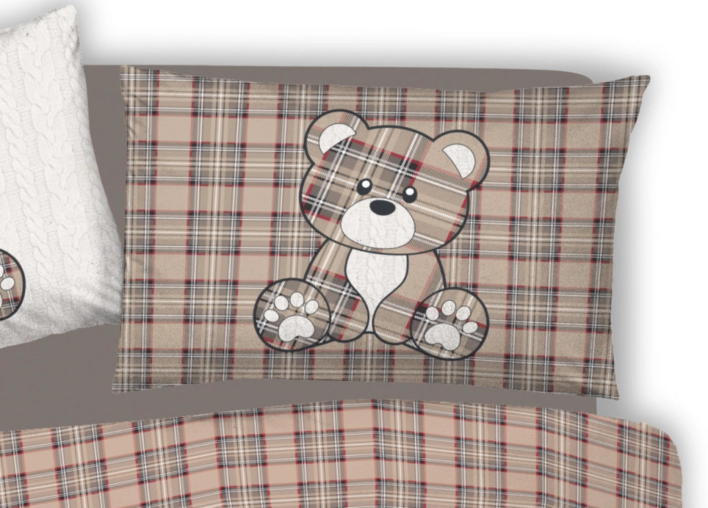 Copripiumino Sacco Piumone Pensieri Delicati 100% Cotone Orsetto Tartan - Matrimoniale - Beige