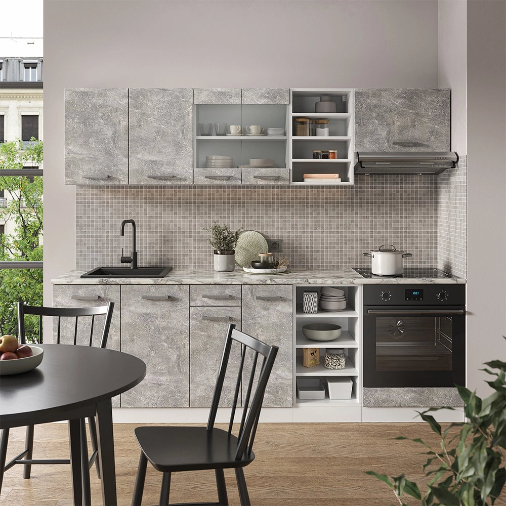 Cucina componibile R-Line Calcestruzzo/Bianco 240 cm, PL Marmo Vicco