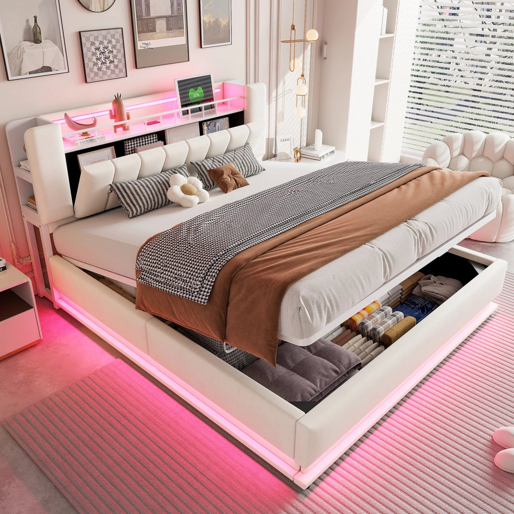 LETTO Imbottito 180x200 cm Beige con LED, USB e contenitore idraulico