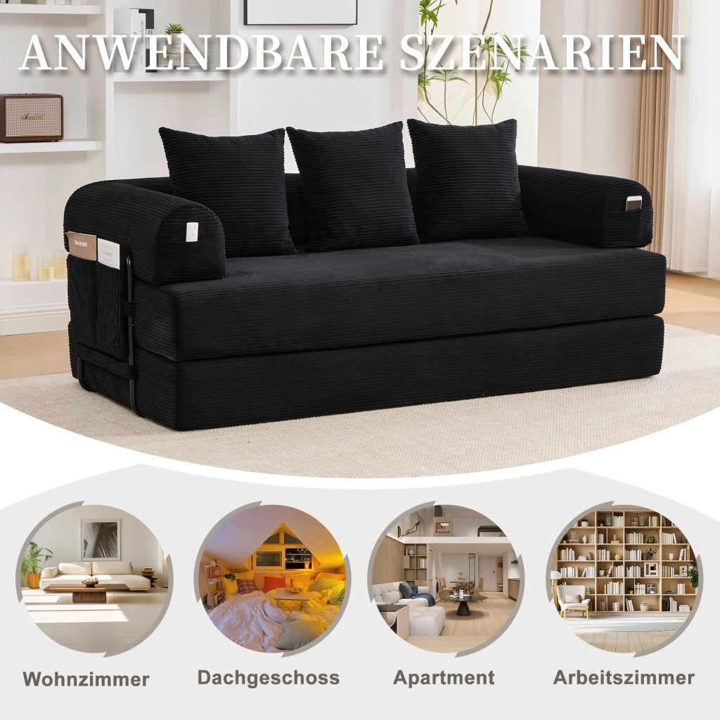DIVANO modulare 200x94x67 cm in velluto a coste nero con 3 cuscini