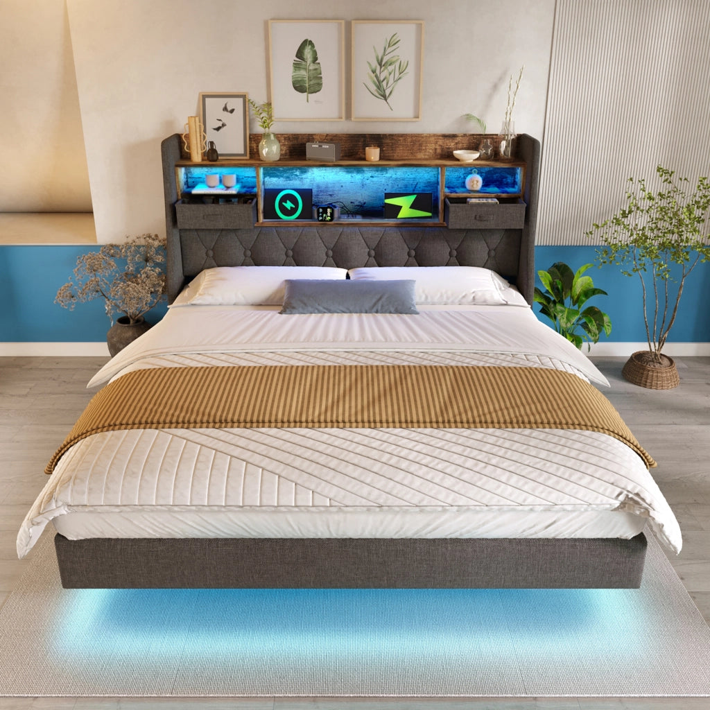 LETTO 140x200 cm in lino grigio con LED e porte USB Type-C