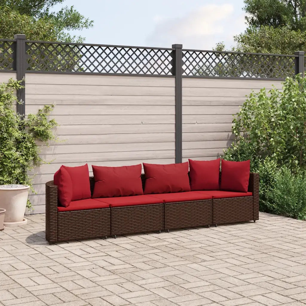 Set Divano da Giardino 4 pz con Cuscini Marrone in Polyrattan