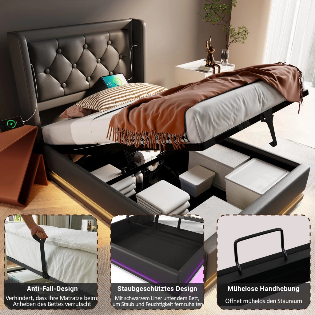 LETTO imbottito 90x200 cm in PU nero con USB Tipo C e LED