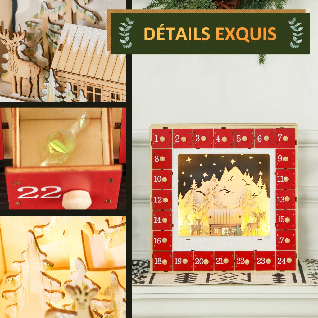Calendario dell'Avvento LED ¨C Minimal ¨C Legno, Rosso, 24 Cassetti