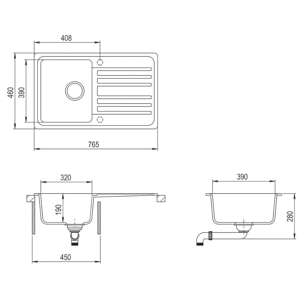Lavandino Cucina-Lavabo-Lavello Granito Singolo Scolapiatti Reversibile Nero