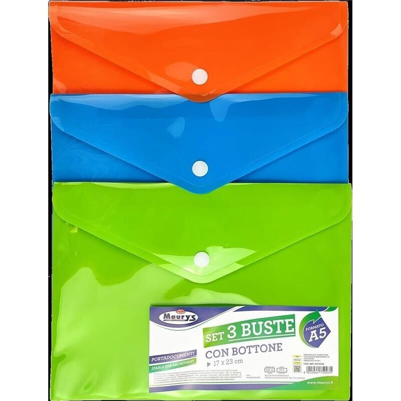 MAURY'S BUSTE PORTA DOCUMENTI CON BOTTONE IN FORMATO A5 CONFEZIONE DA 3 PEZZI
