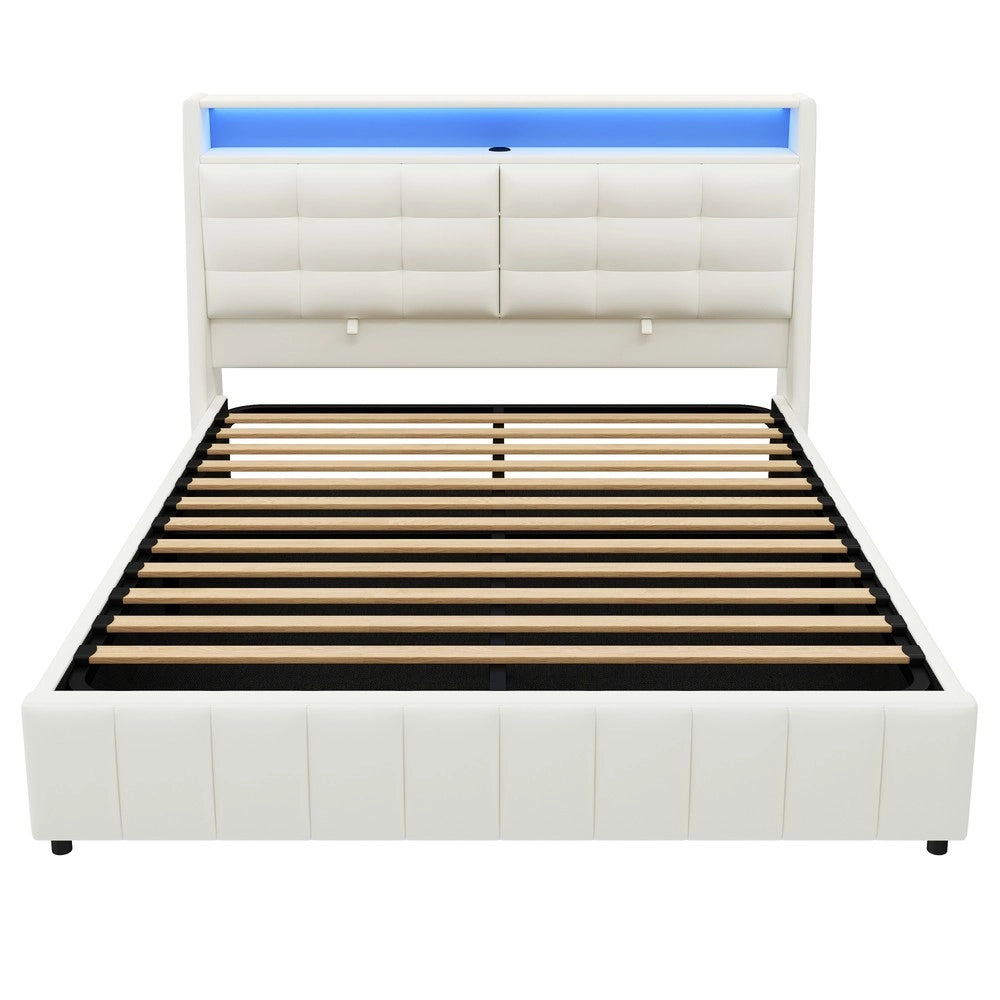 Letto Contenitore Imbottito con LED e USB ¨C MINIMAL ¨C Bianco 160x200