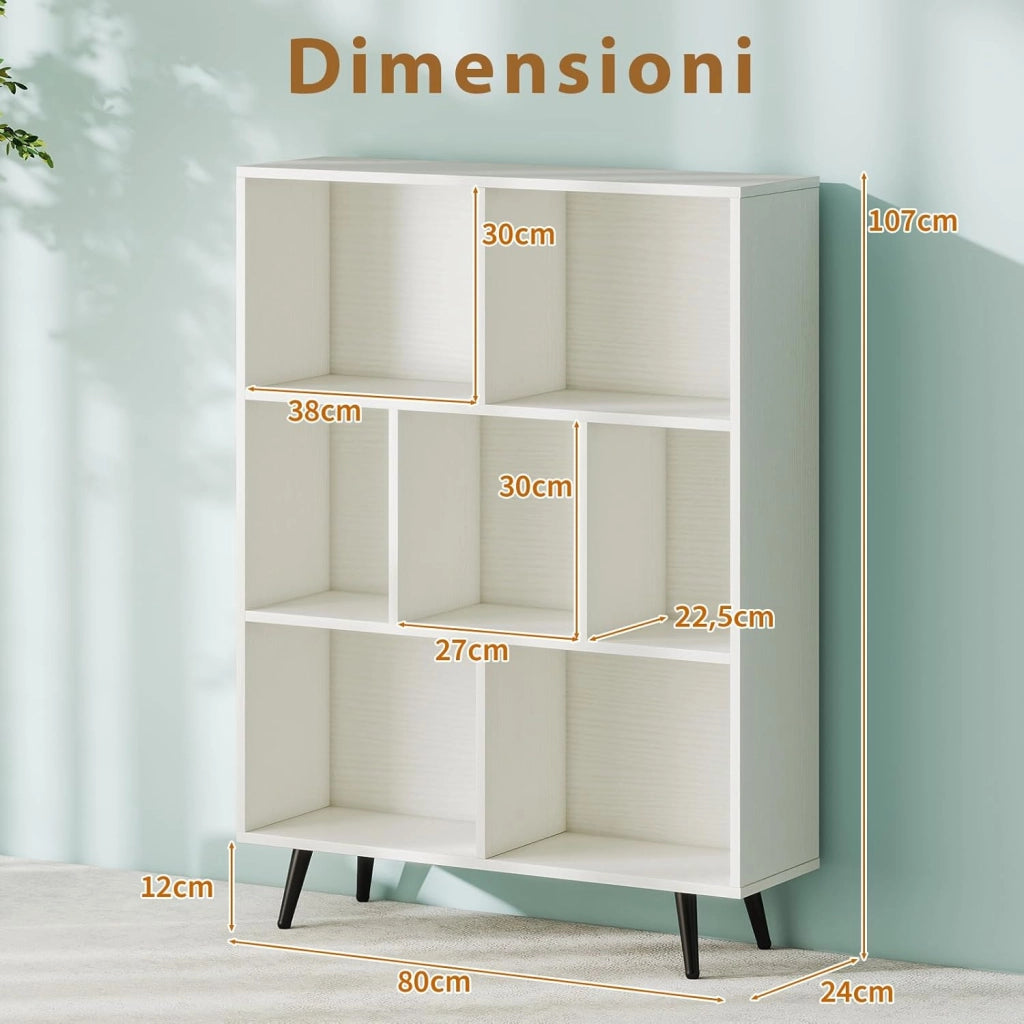 Libreria a 7 Cubi, Organizzatore di Stoccaggio Moderno con 4 Gambe di Metallo, Scaffale per Esposizione con 2 Kit Anti-Ribaltamento per Soggiorno Studio Camera da Letto, Bianco (80x24x107cm)