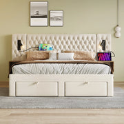 LETTO imbottito Vintage 160x200 cm Velluto Beige con 2 comodini e 4 cassetti