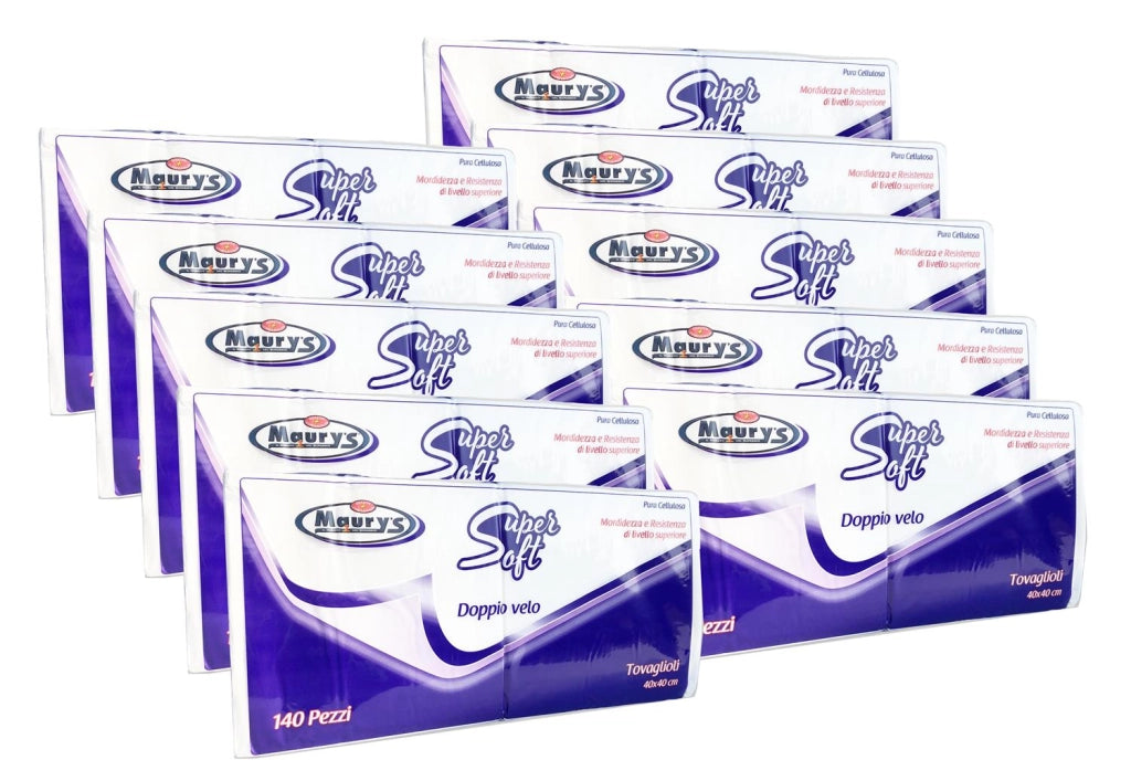 10 CONFEZIONI MAURY'S MAXI SCORTA TOVAGLIOLI 2 VELI 140 PZ SUPER SOFT BIANCHI