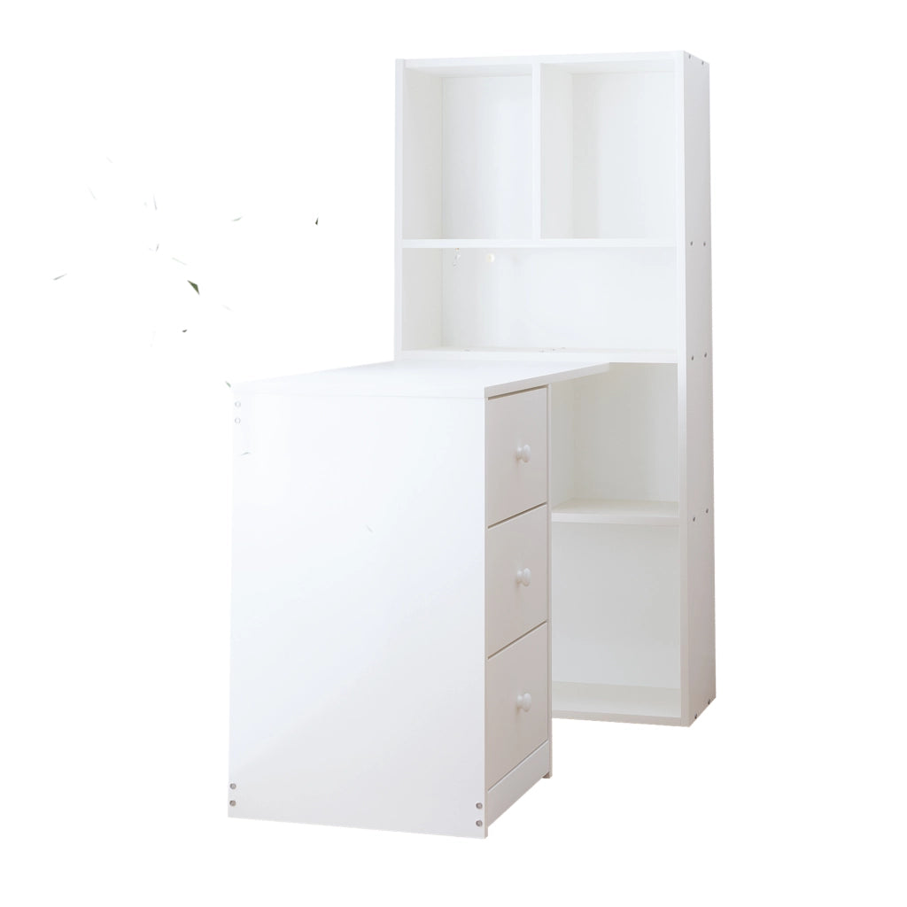Scrivania angolare con libreria 117 ¡Á 63 ¡Á 135 cm, 4 ripiani e 3 cassetti, bianco