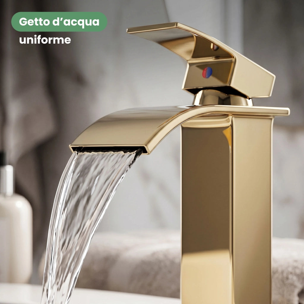 Rubinetto lavabo alto a cascata oro da appoggio miscelatore bagno EVIO