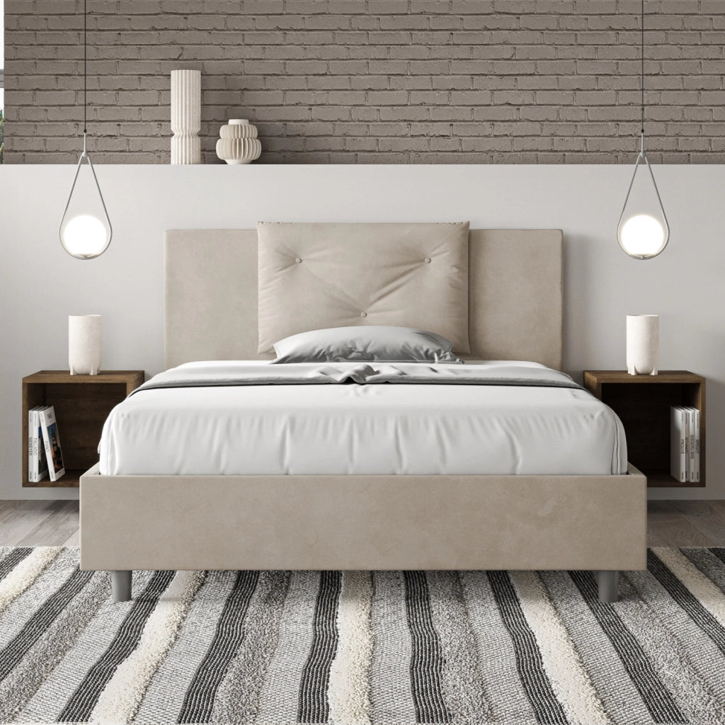 BS COM Letto una piazza e mezza con rete imbottito 130x210 microfibra sabbia