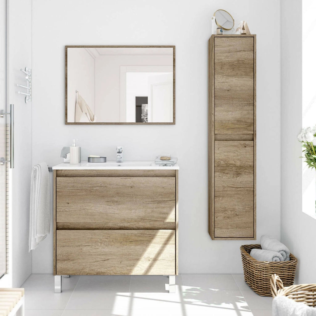 Moncalvo, set Mobili Bagno Specchio Incluso, Marrone Quercia