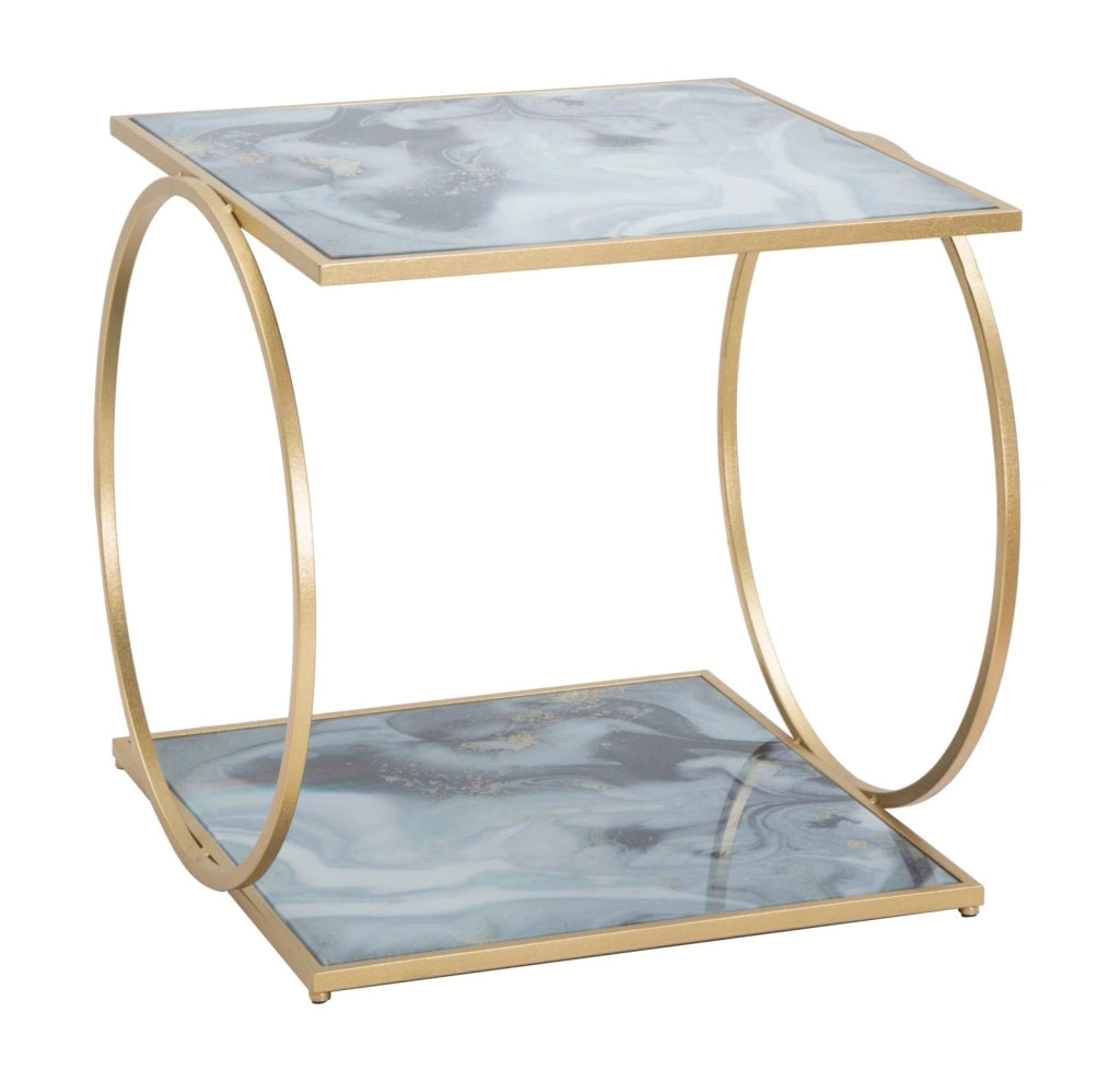 Tavolinetto Glam 2 Level 52,5x50x51 cm in Ferro MDF e Vetro Oro e Multicolor