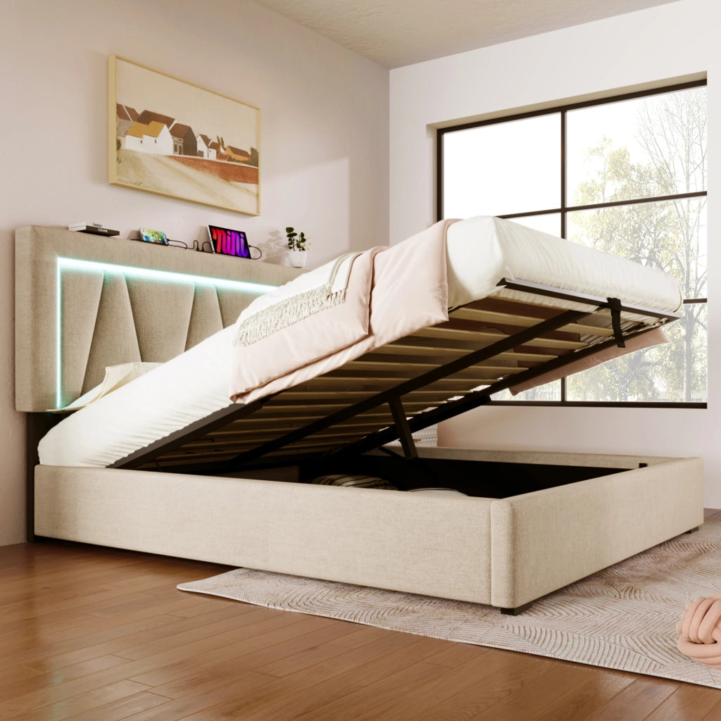 DESMIU Letto contenitore 140 × 200 cm 2 posti con LED, USB e Type-C, con materasso, beige