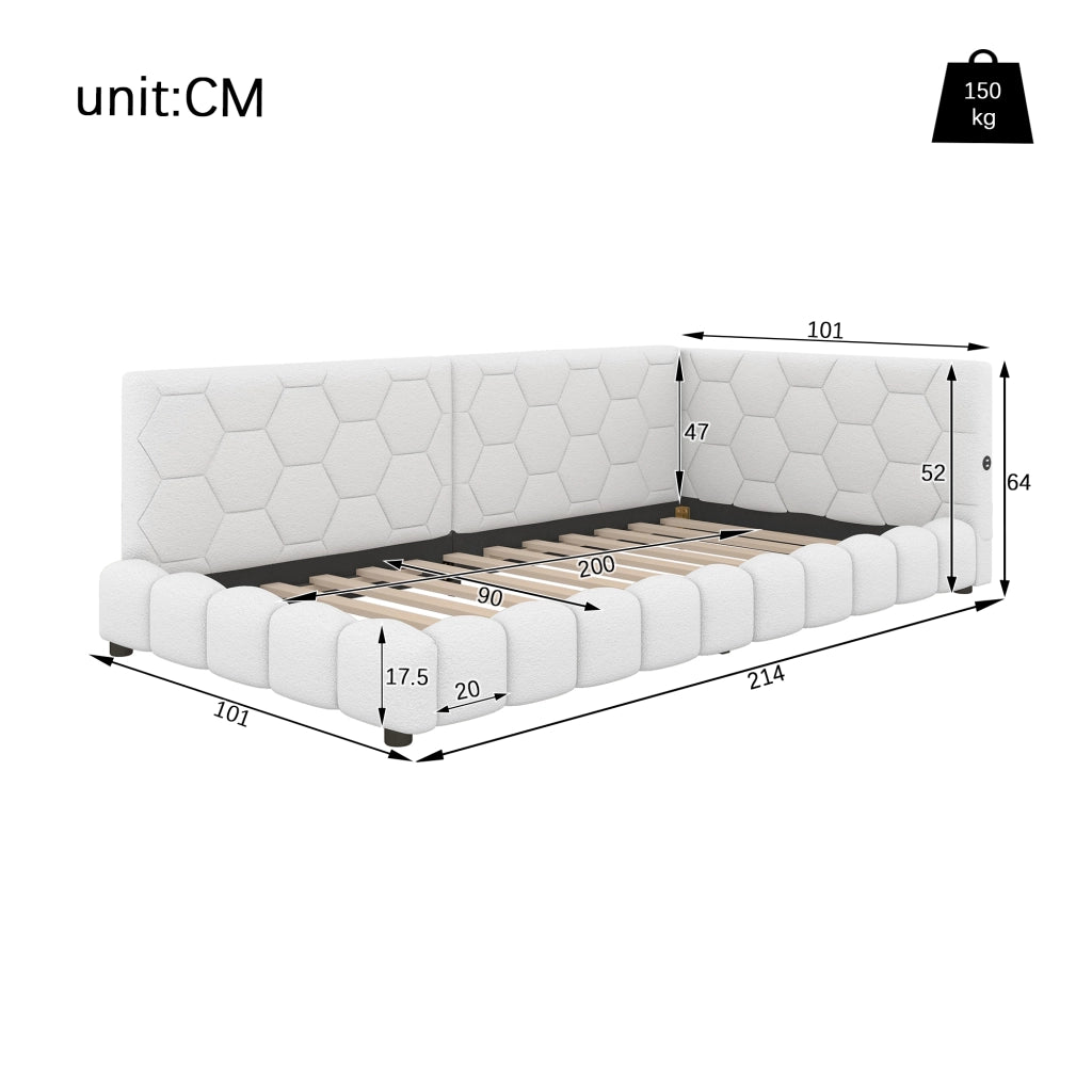 Daybed 90x200 cm in Vliesimitat bianco con luce LED ambientale, USB e Type-C