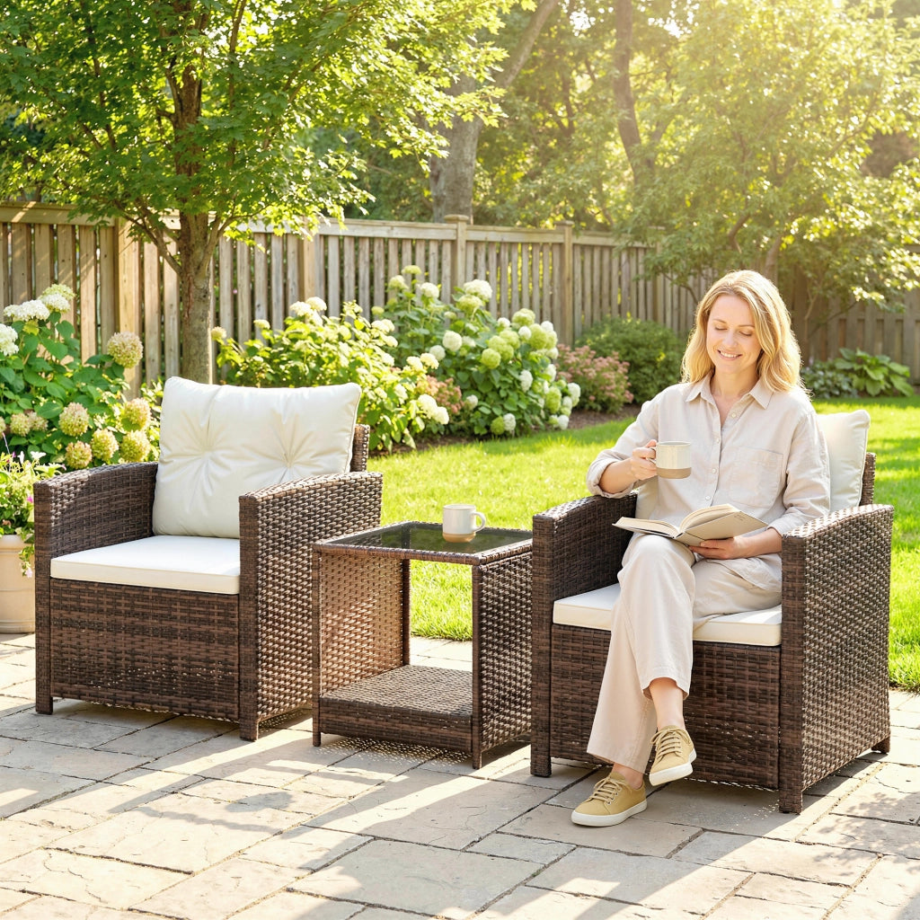 Set Giardino Bistrot Rattan con 2 Sedie e Tavolo Vetro ¨C zephmum ¨C 2 Posti Cremewei?