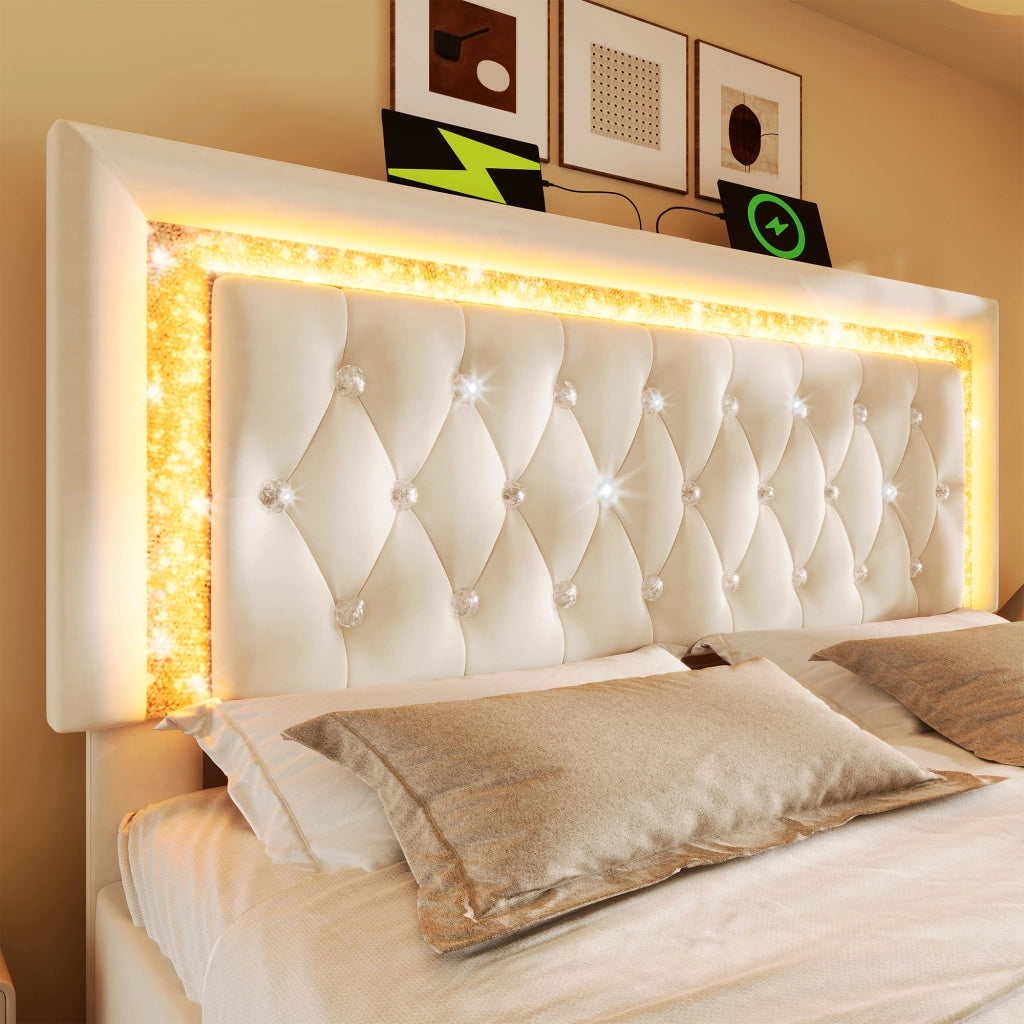LETTO Contenitore 140x200 cm con LED USB Type-C in velluto beige